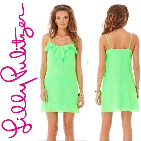 Lilly Pulitzer Gianna Silk Strappy Ruffle Mini Dress Green Metallic Gold Dot XS - Picture 3 of 14